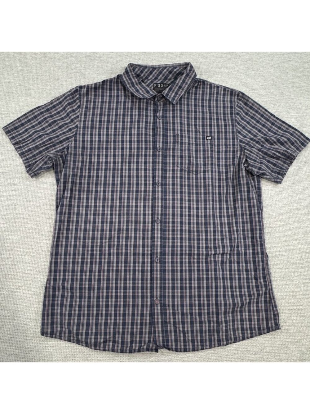 Fox Racing Button Up Shirt Mens Size XL Short Sleeve Blue Plaid Collared Pocket